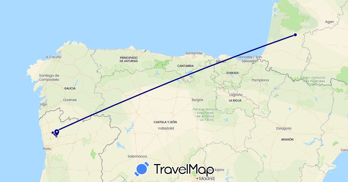 TravelMap itinerary: driving in France, Portugal (Europe)
